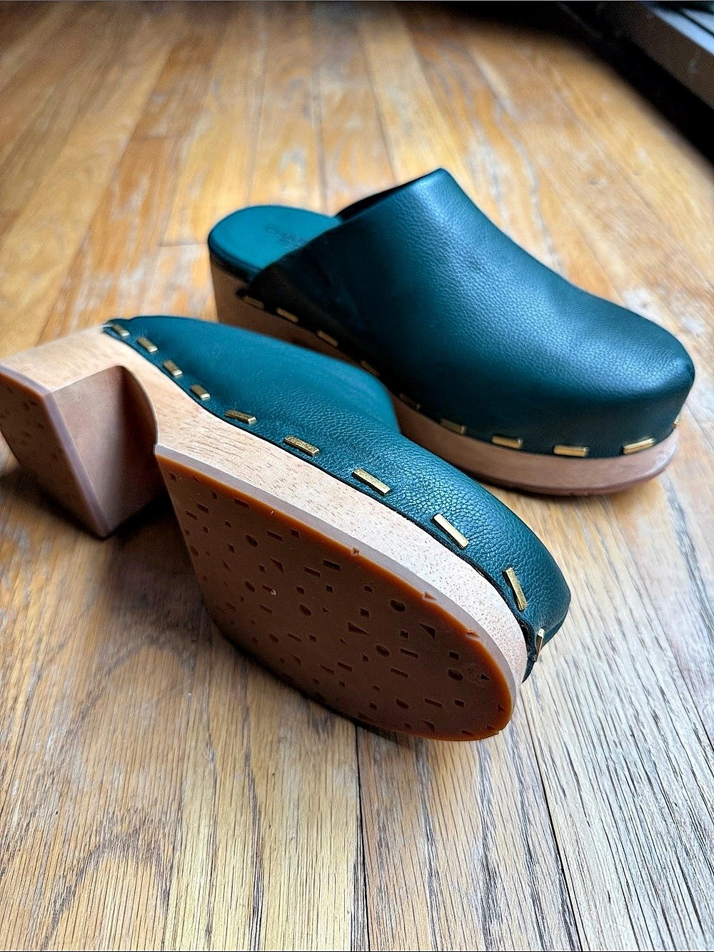 Charlotte Stone Wooden Heel Clogs in Green - Picture 2 of 9